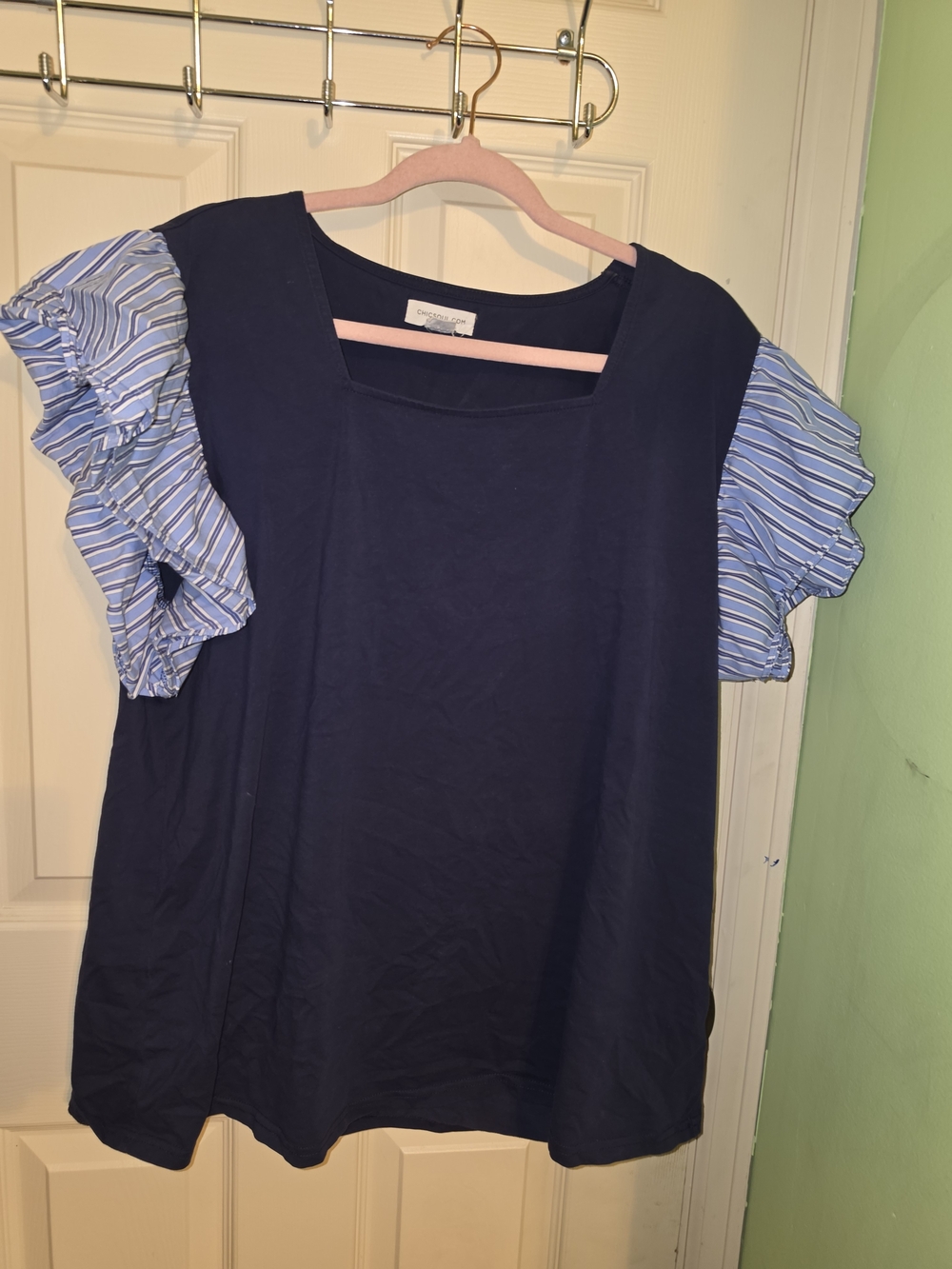 Chic Soul Navy Top with Blue & White Stripe Ruffle Sleeves